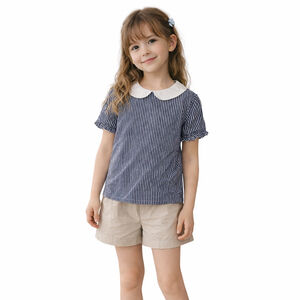 Jacadi Paris Dark Blue White Striped Peter Pan Collar Top 8A